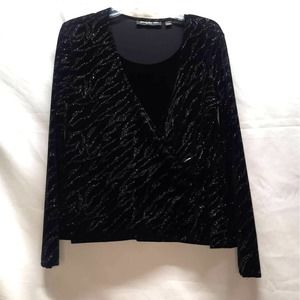 Briggs New York Black Velour Silver glitter Y2K long sleeve Faux Wrap top PXL
